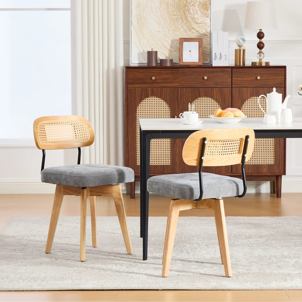Desviae Set di 2 sedie da pranzo girevoli a 360° con schienale in rattan intrecciato e seduta in ciniglia grigia