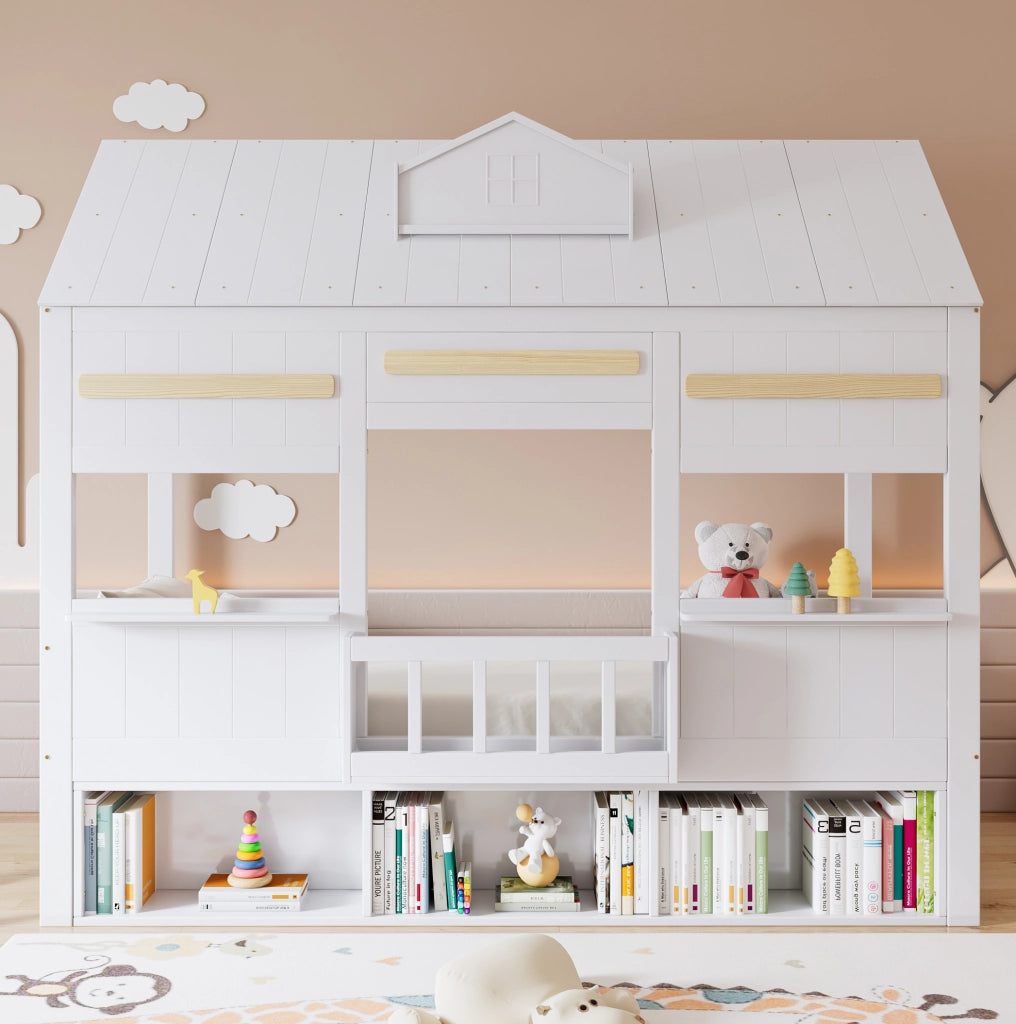 Letto a soppalco per bambini con design a casetta e libreria integrata