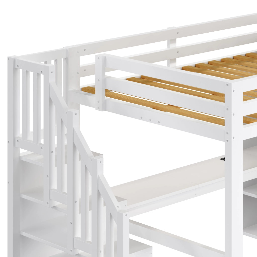 Letto a soppalco 140x200 con scrivania; armadio e LED; bianco