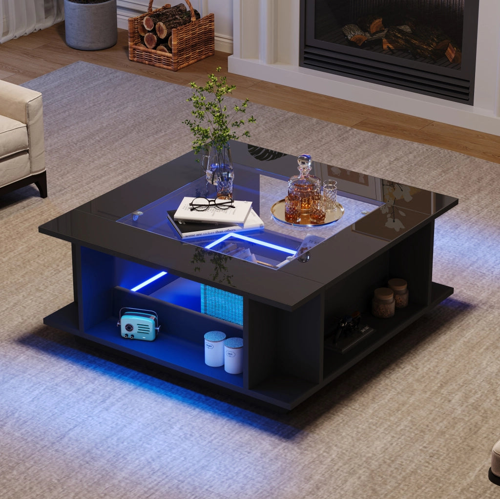 Tavolino da caffè quadrato 70x70x30 cm con piano in vetro; finitura nero lucido e LED