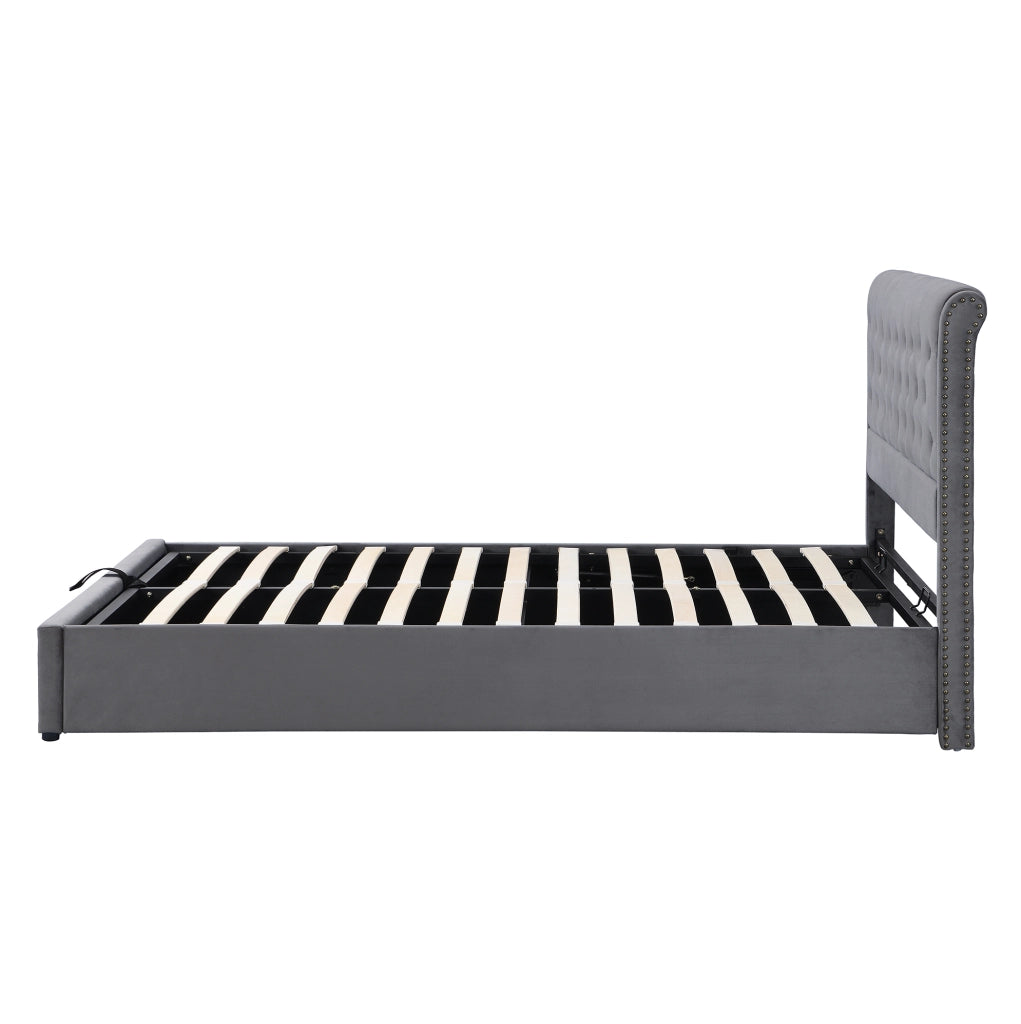 Letto 140x200 cm con contenitore, rete a doghe e panca contenitore in velluto grigio