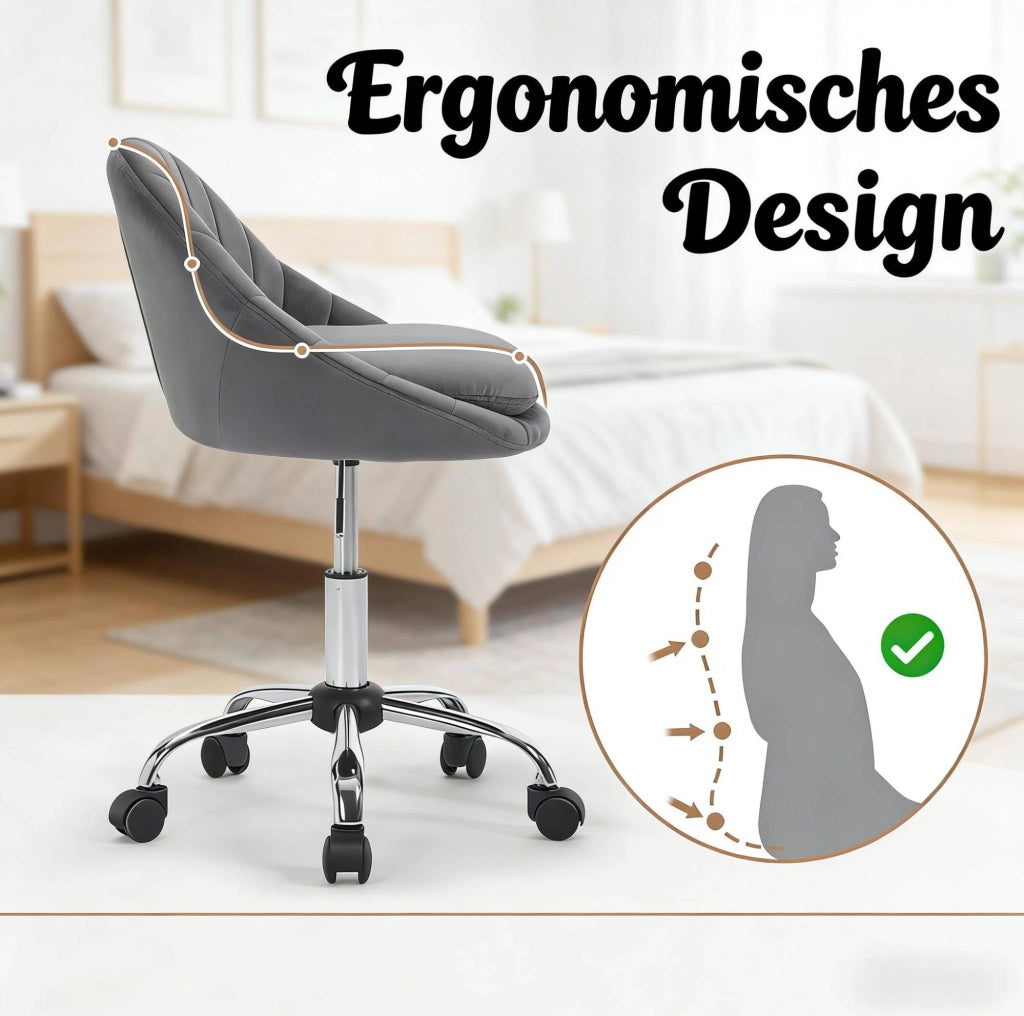 Sedia da ufficio ergonomica in velluto grigio scuro con ruote