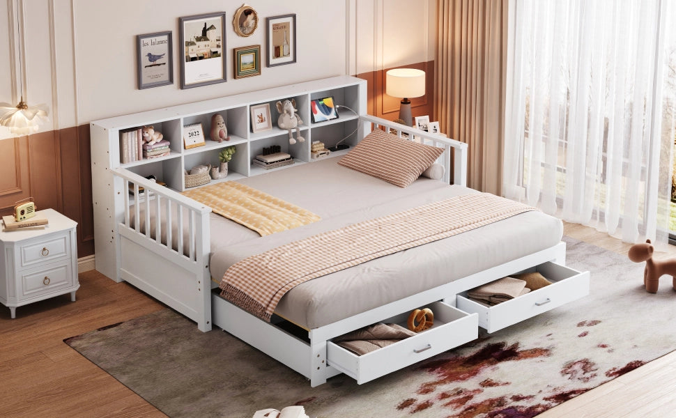 Letto estraibile multifunzione in legno bianco con due cassetti rete a doghe presa e ripiani integrati