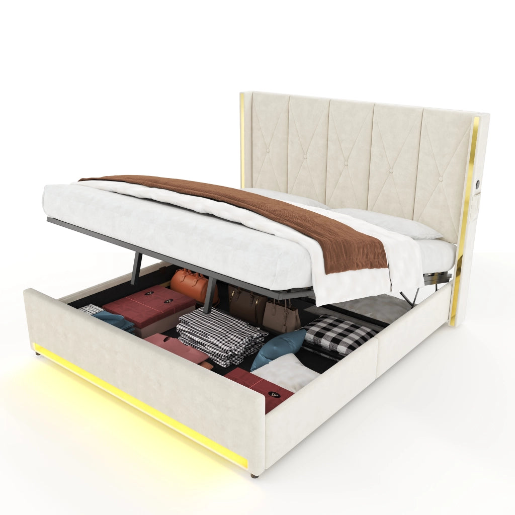 Letto matrimoniale 180x200 cm con vano contenitore; LED; USB e Type-C; velluto beige; testiera alta