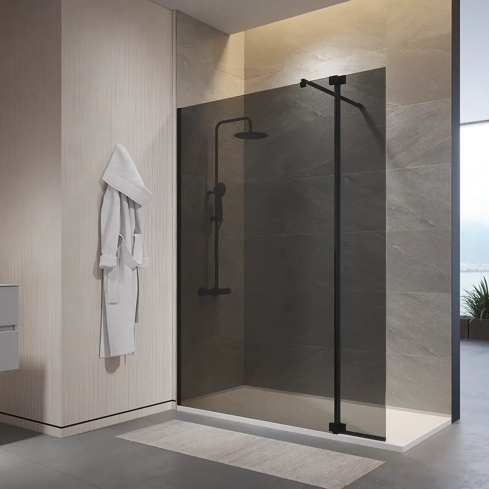 Doccia walk-in 120cm + anta 30cm vetro temperato anticalcare 10mm fumé profili neri | Naxos