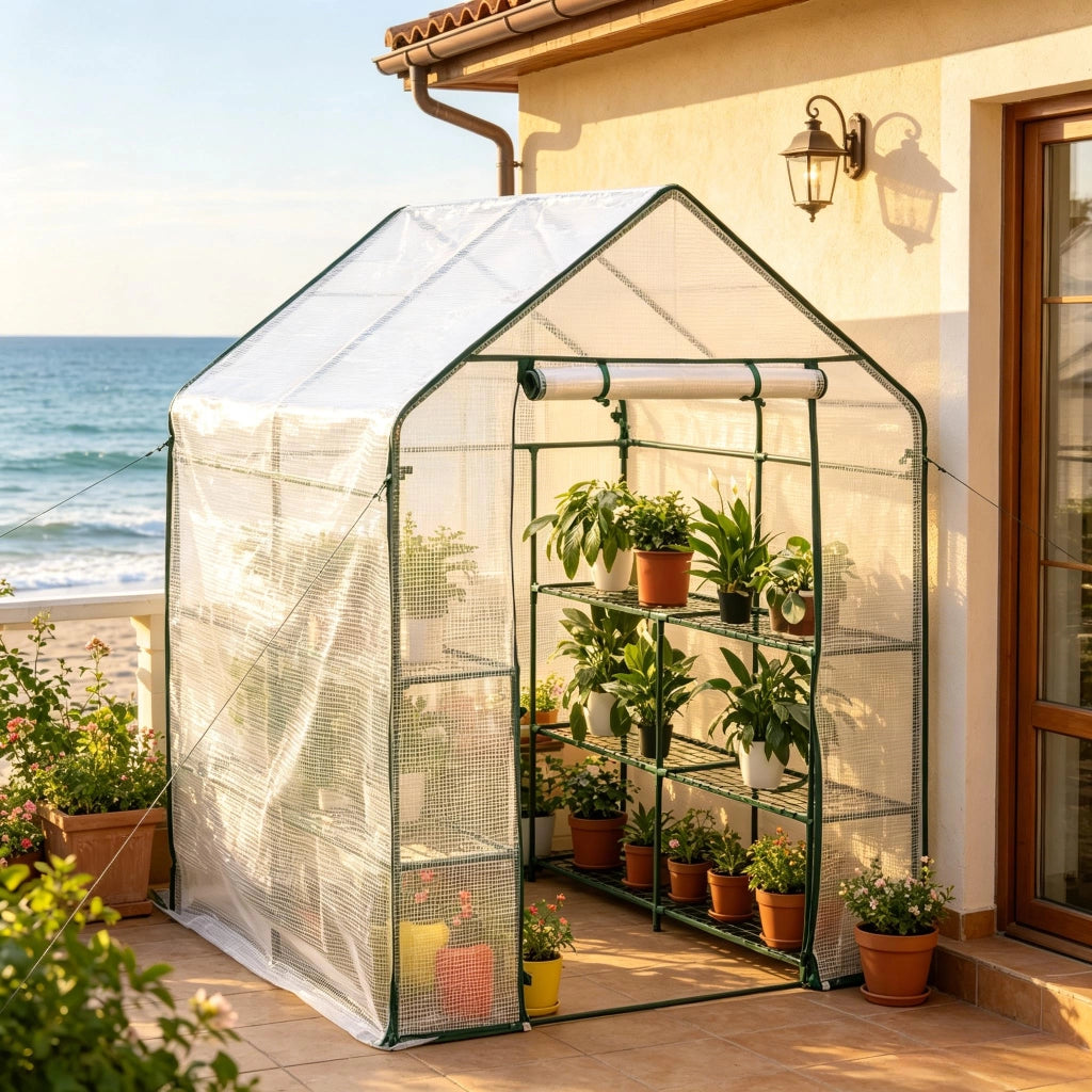 Serra da giardino con zip frontale; rivestimento in PE e struttura in acciaio bianca 143 × 143 × 195 cm