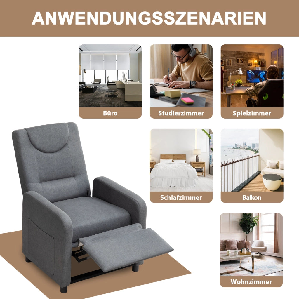 Poltrona reclinabile in lino grigio scuro con schienale multiangolo e poggiapiedi pieghevole 96 × 57 × 63 cm