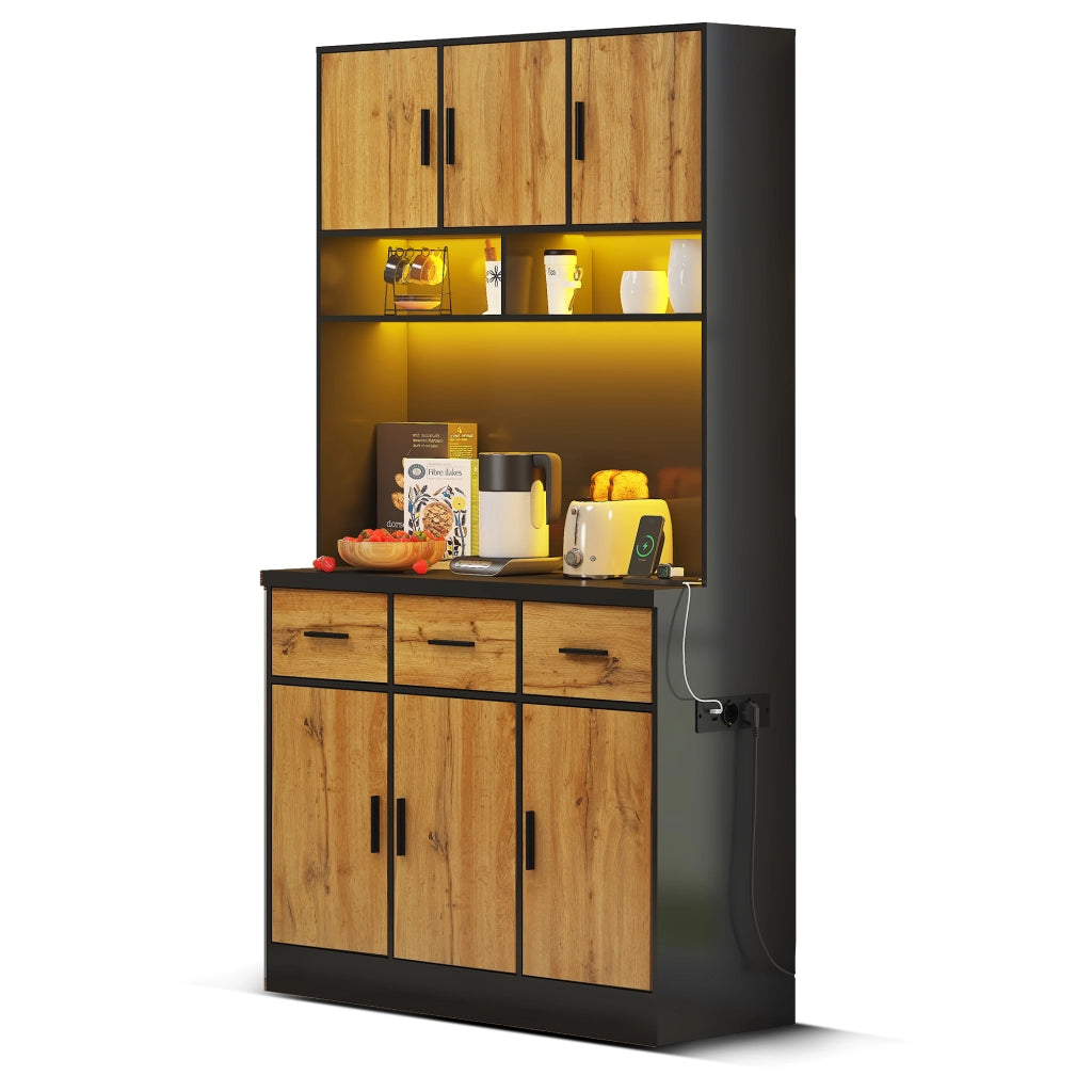 Credenza da cucina alta con LED; 100 x 40 x 180 cm; 6 ante e 3 cassetti; MDF e pannello truciolare; nero e naturale