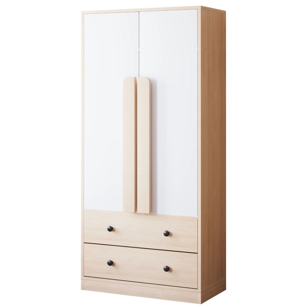Armadio 70x40x170 cm, design a doppie ante, con cassetti e ripiani, colore legno e bianco