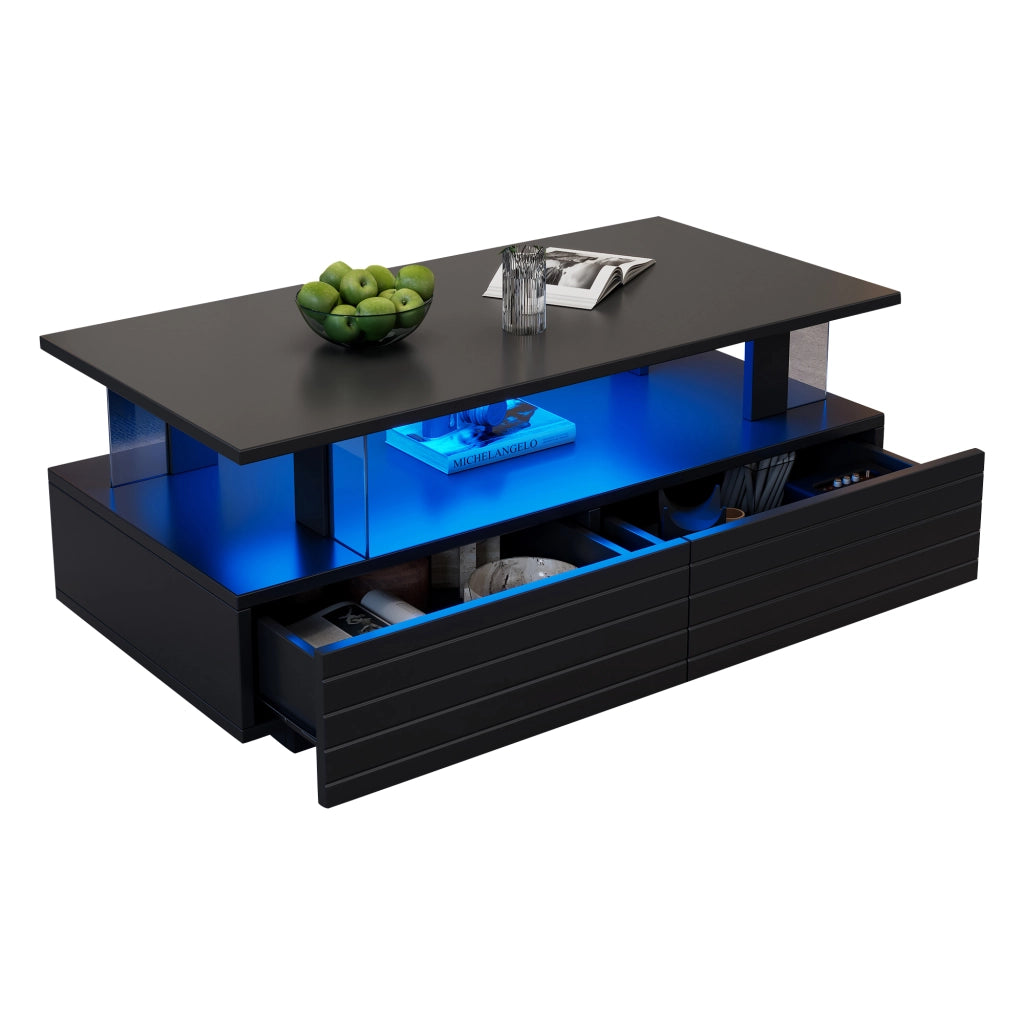 Tavolino da caffè LED 100x50x42 cm con 2 cassetti e ripiano aperto; controllo tramite app; acrilico nero