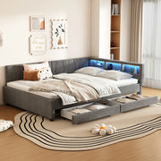 Letto 140x200 cm con LED, USB e USB-C, 2 cassetti, in lino e MDF grigio