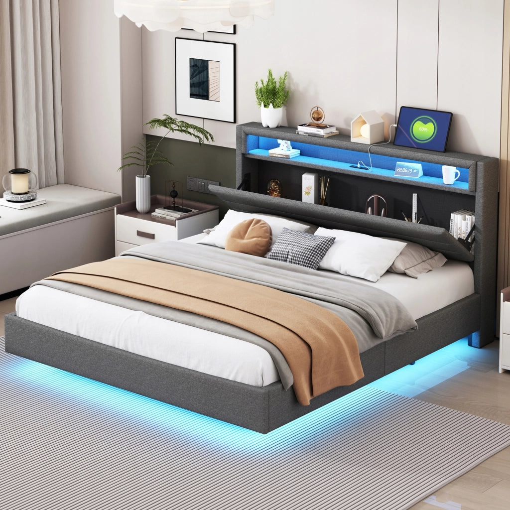 Letto imbottito 160x200 grigio con USB e LED - Xylo