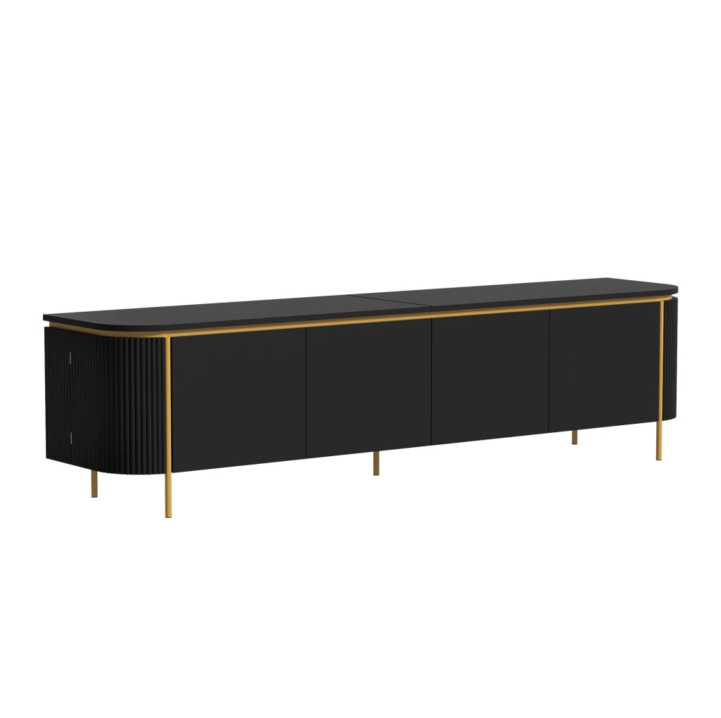 Mobile TV in MDF nero con 6 ante, piedi in ferro e passacavi, design con lati scanalati e angoli arrotondati, 180x38x46 cm