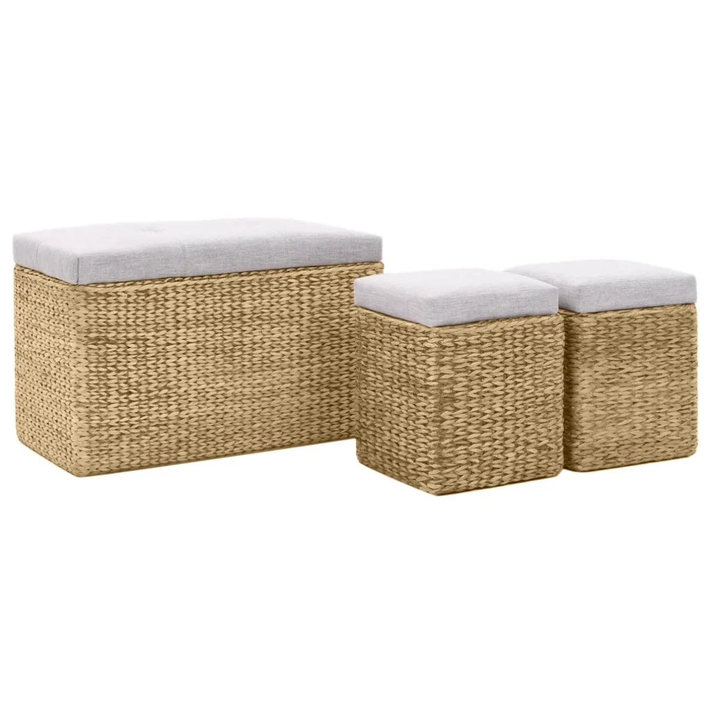 Panca e 2 Pouf in Giunco Grigio
