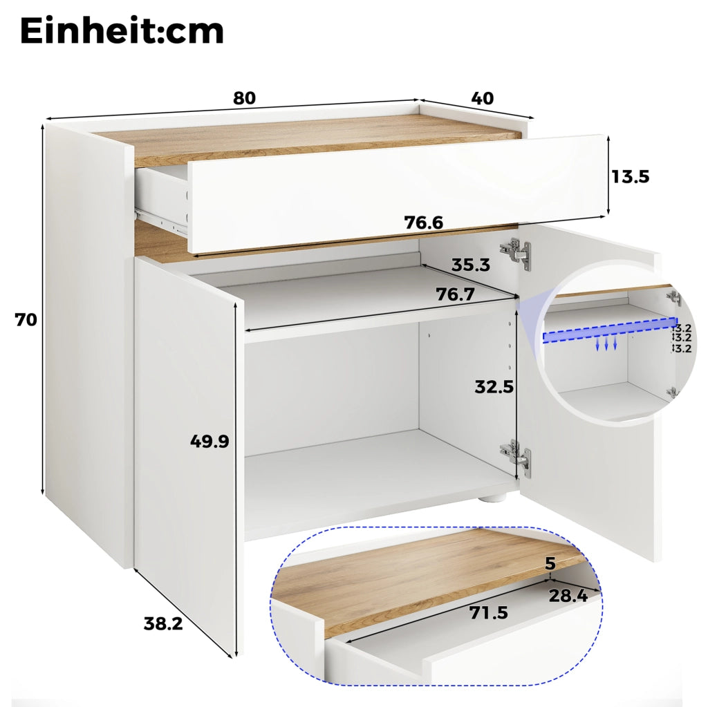 Mobile archivio 80x40x70 cm con cassetto e ripiani regolabili in truciolare bianco