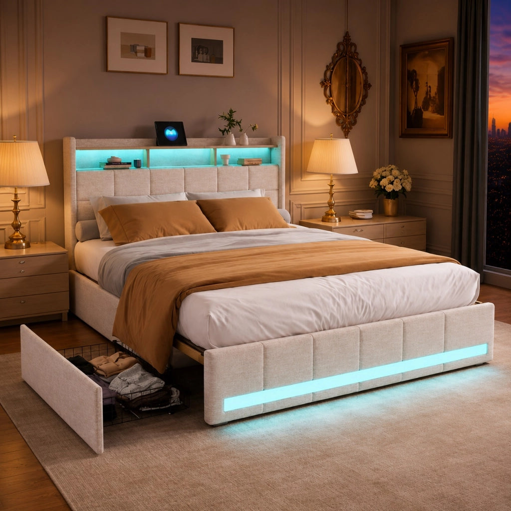 Letto matrimoniale imbottito 180x200 cm con 4 cassetti ; letto Contenitore con LED e USB; letto funzionale letto adulti ;Lino Beige