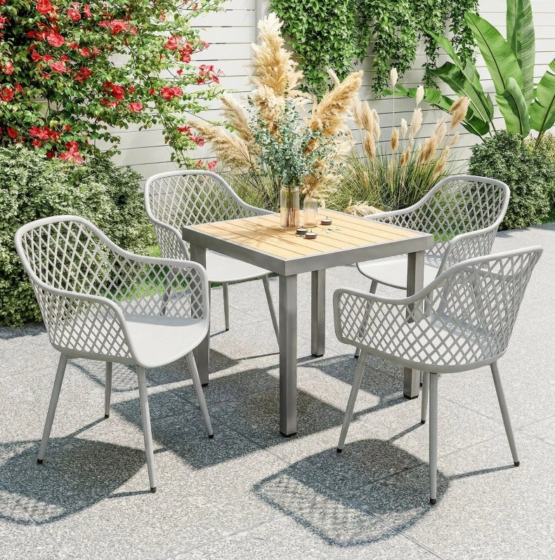 Set di 4 Sedie da Giardino in Plastica Resistente ai Raggi UV con Braccioli e Schienale, Grigio, 56 x 51 x 84 cm