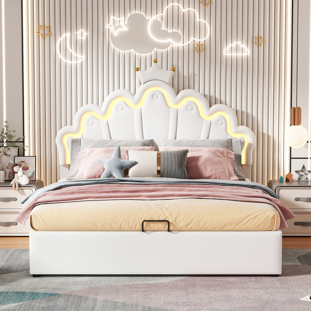 Letto contenitore 140 × 200 cm con illuminazione LED regolabile e testiera imbottita in similpelle bianca