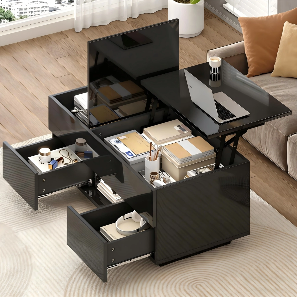Tavolino da salotto sollevabile nero lucido con luci led 100x45x43 cm