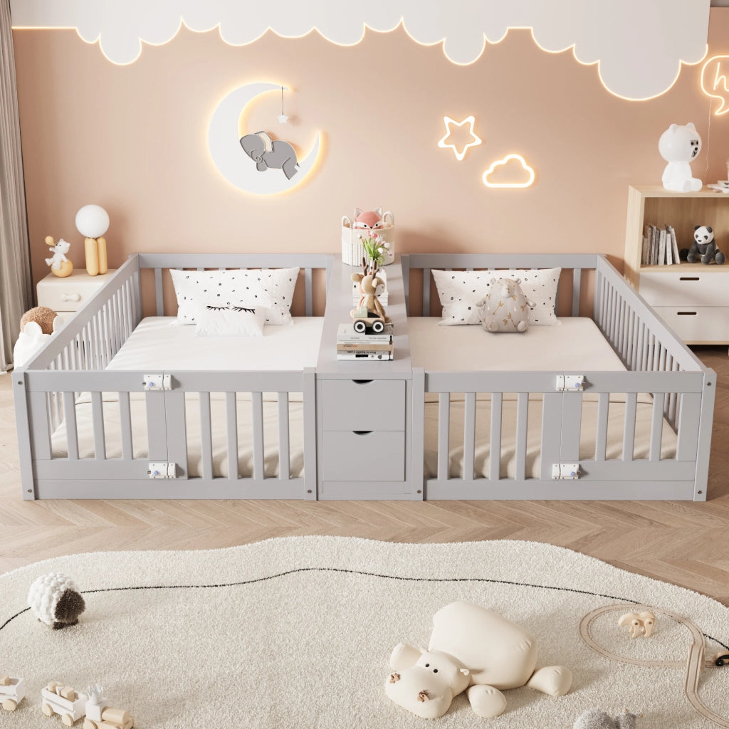 Letto per bambini 2 posti 90 × 200 cm con cassetti, ripiani centrali e sponde alte, senza materasso, grigio