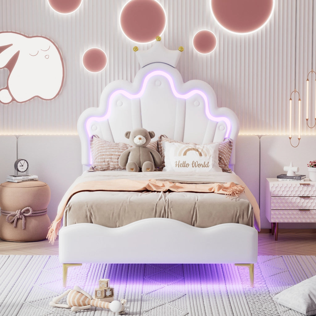Crown Shape Princess Single Bed 90x200cm con strisce LED in PU bianca