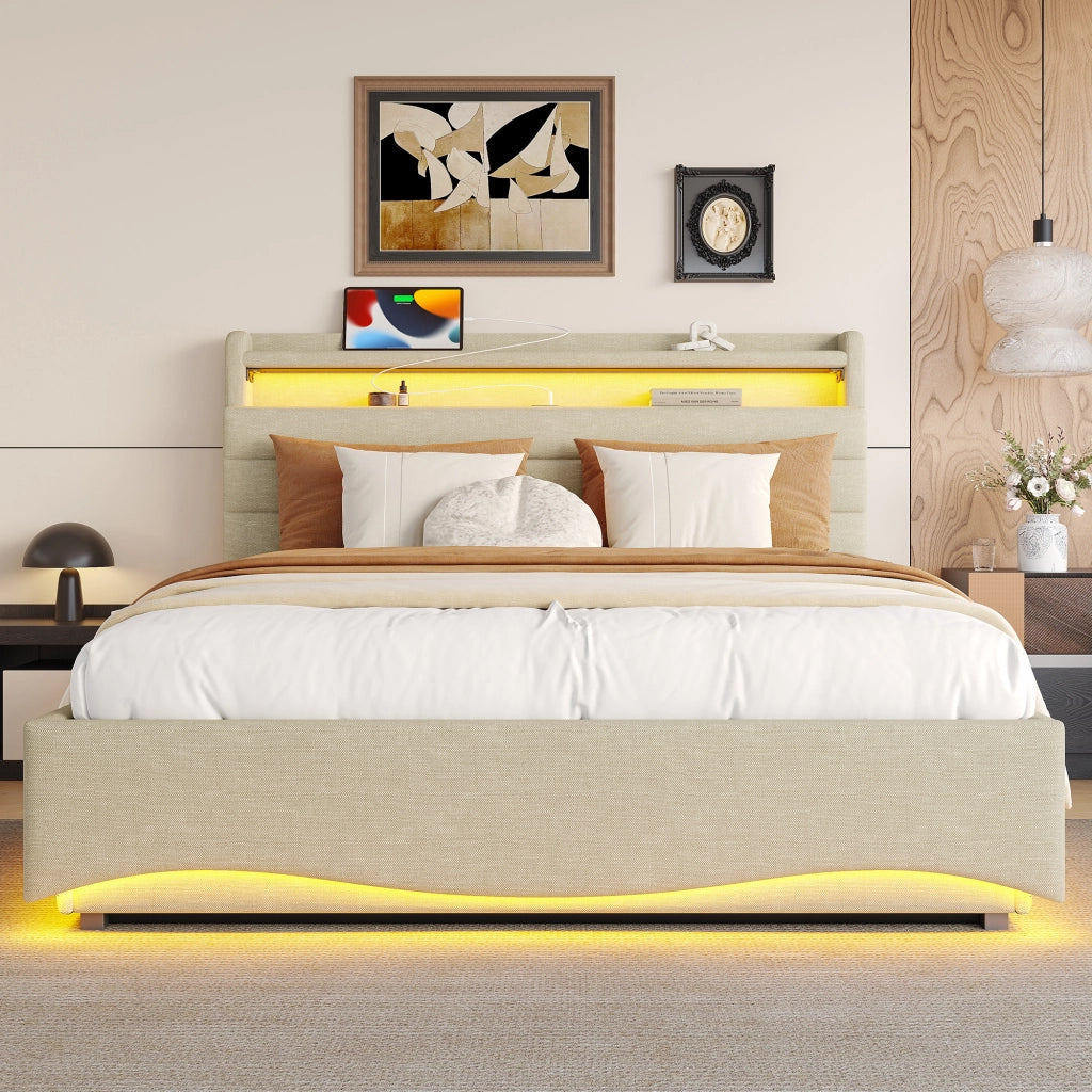 Letto contenitore 140x200 cm in lino beige con ripiani; LED; USB e USB-C