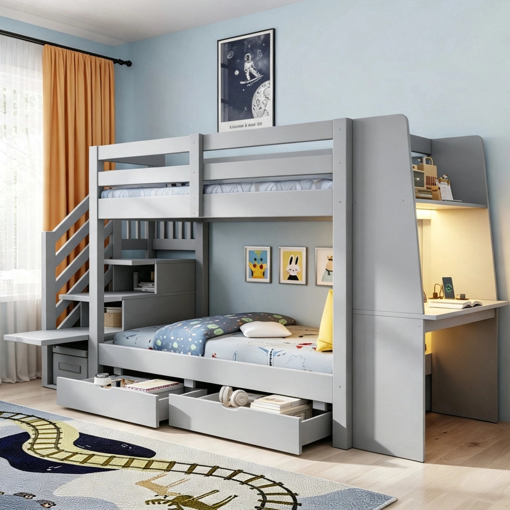 Letto a castello 90x200 cm con scrivania; libreria; scala contenitore; LED e cassetti; grigio