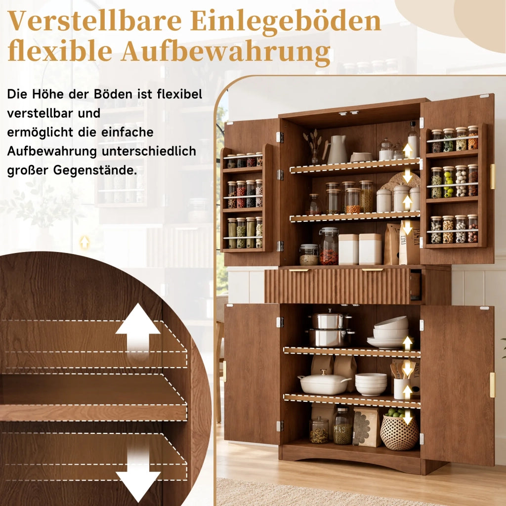 Armadio da cucina e dispensa con ante a griglia, cassetti e ante, colore noce, per cucina e soggiorno