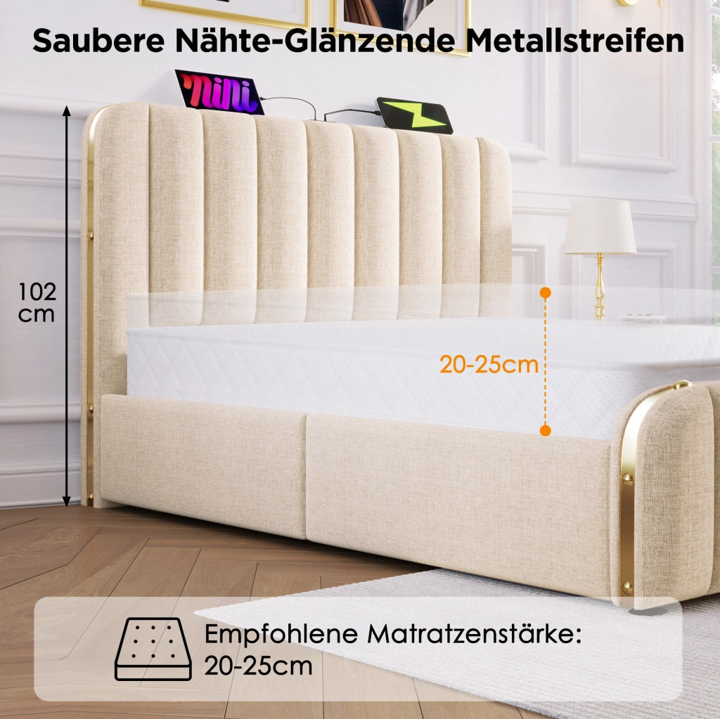 Letto matrimoniale imbottito con contenitore; USB Type-C; 180x200 cm; beige in lino; con materasso