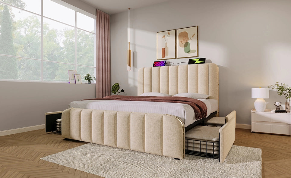 Letto matrimoniale imbottito con testiera beige in lino, 160x200 cm, 4 cassetti, ricarica USB Tipo-C integrata