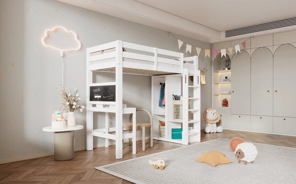 Letto a soppalco per bambini 90x200 cm con scrivania, armadio aperto e lavagna doppia, struttura in legno bianco senza materasso