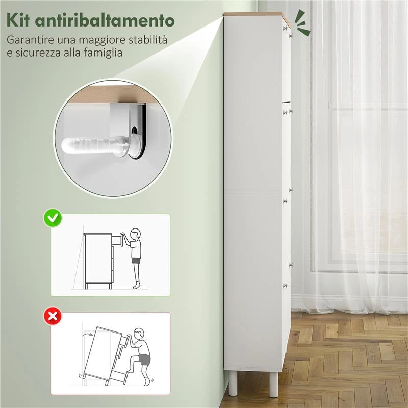 SCARPIERA SLIM CON 4 CASSETTI RIBALTABILI E RIPIANI REGOLABILI PER 24-32 SCARPE, 80X23.5X157 CM, BIANCO