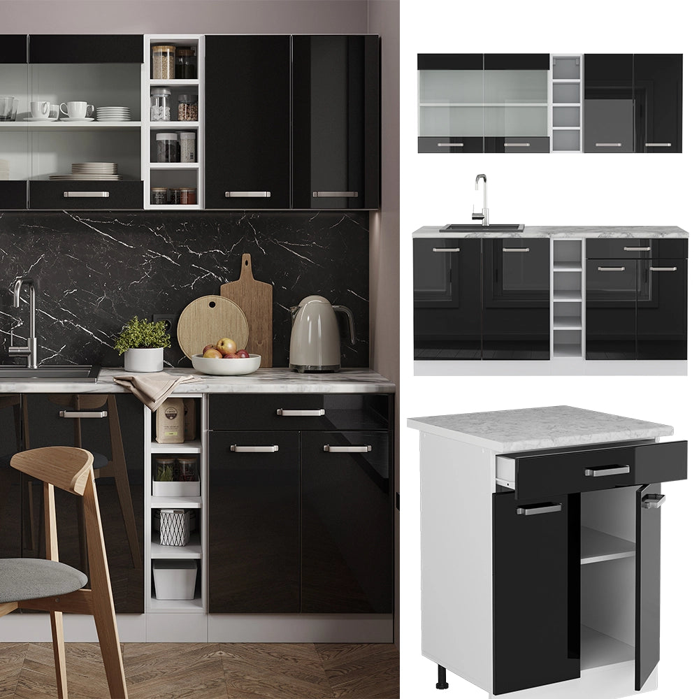 Vicco Cucina monoblocco Nero lucido/bianco 160 cm Senza piano di lavoro