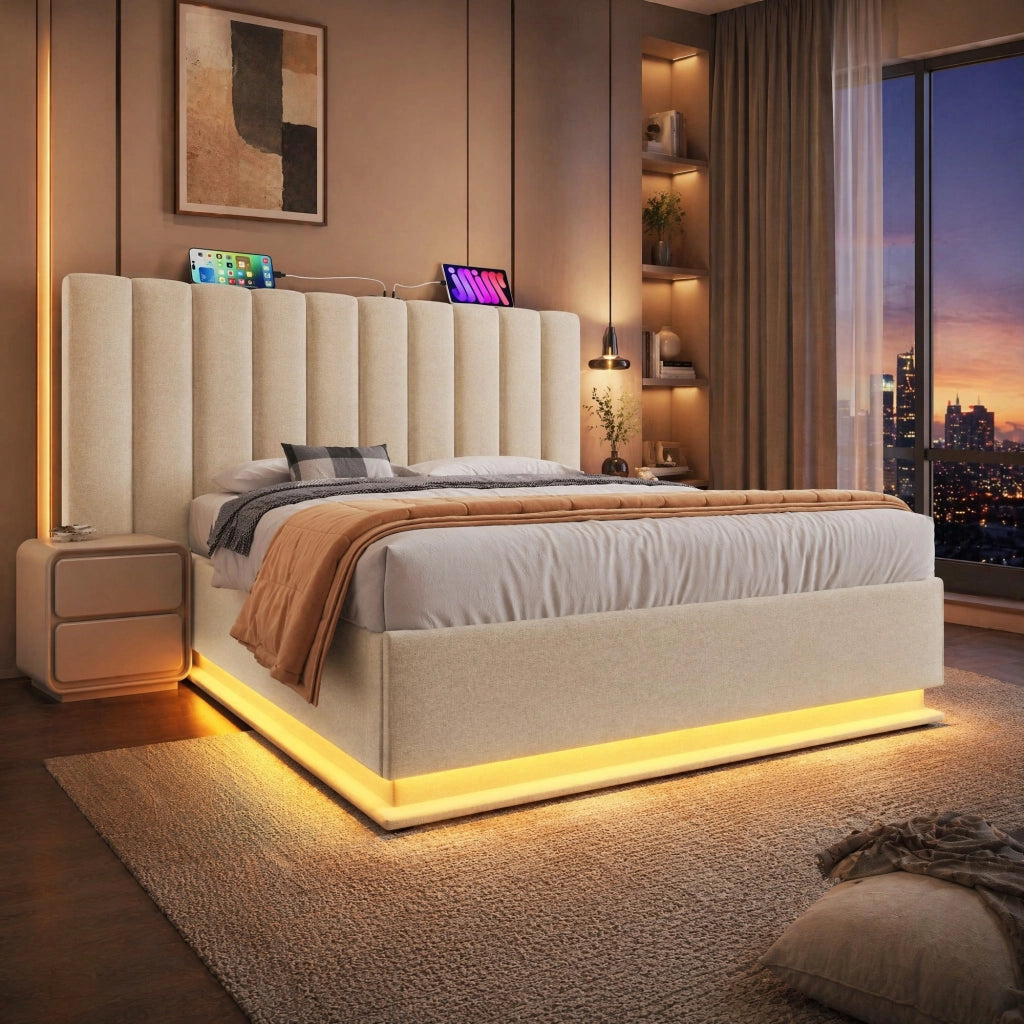 Letto contenitore 160x200 cm in lino beige, LED e USB-C, senza materasso/comodino