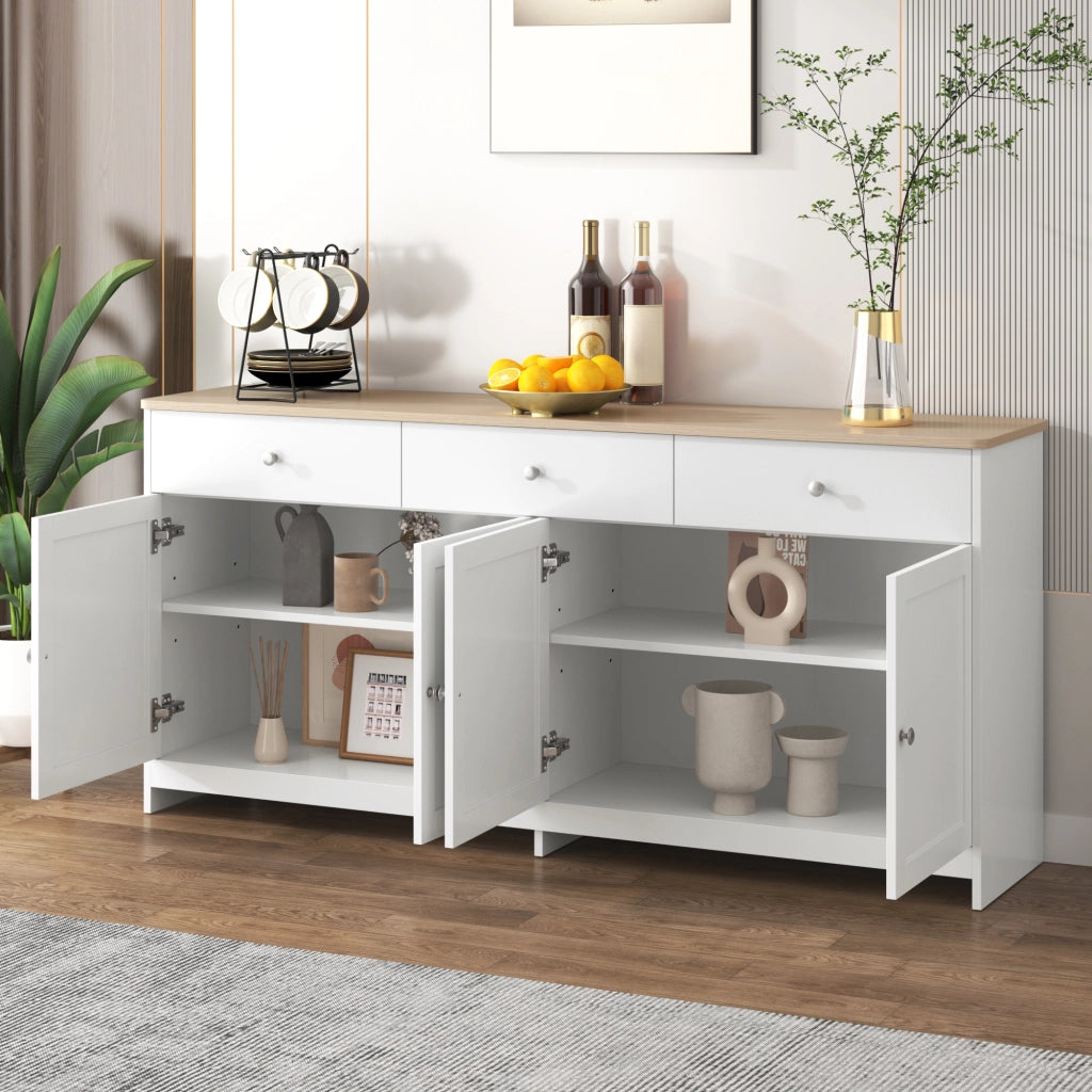 Credenza Bianca e Legno Mobile Buffet 160 cm con 4 Ante e 3 Cassetti in MDF Stile Rustico per Soggiorno e Sala da Pranzo