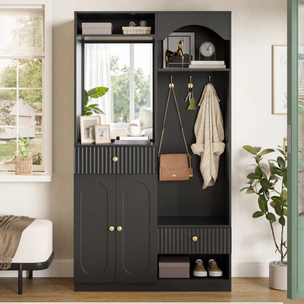ARMADIO INGRESSO 100x35x180 cm Nero con specchio, appendiabiti e panca