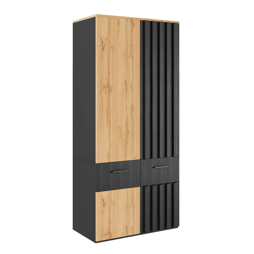 Armadio alto a quattro ante con lamelle 90x50x200 cm, 2 cassetti, 2 ripiani e barra appendiabiti, nero e legno naturale