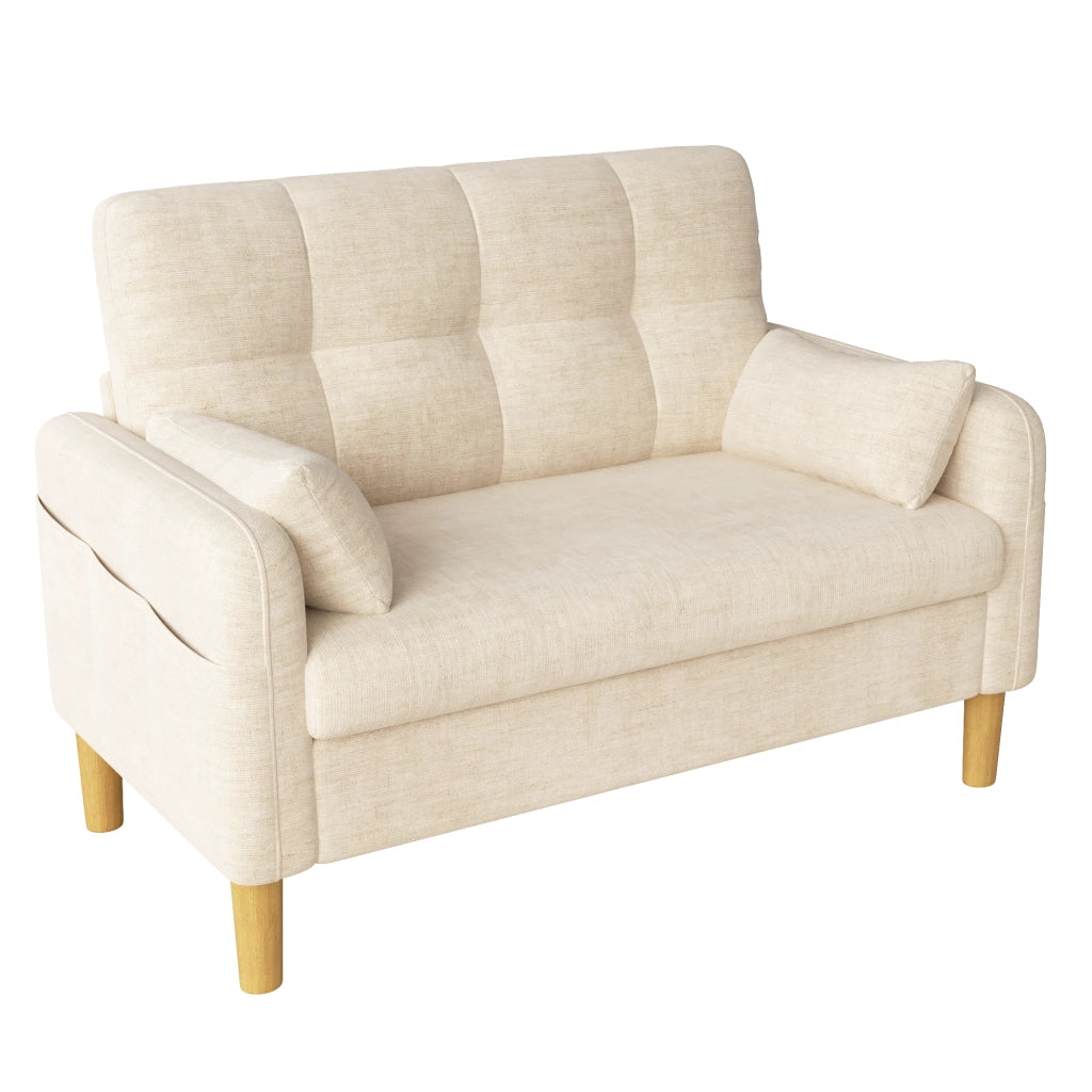 Divano 2 posti 119x78x85 cm in ciniglia beige con 2 cuscini e tasca laterale