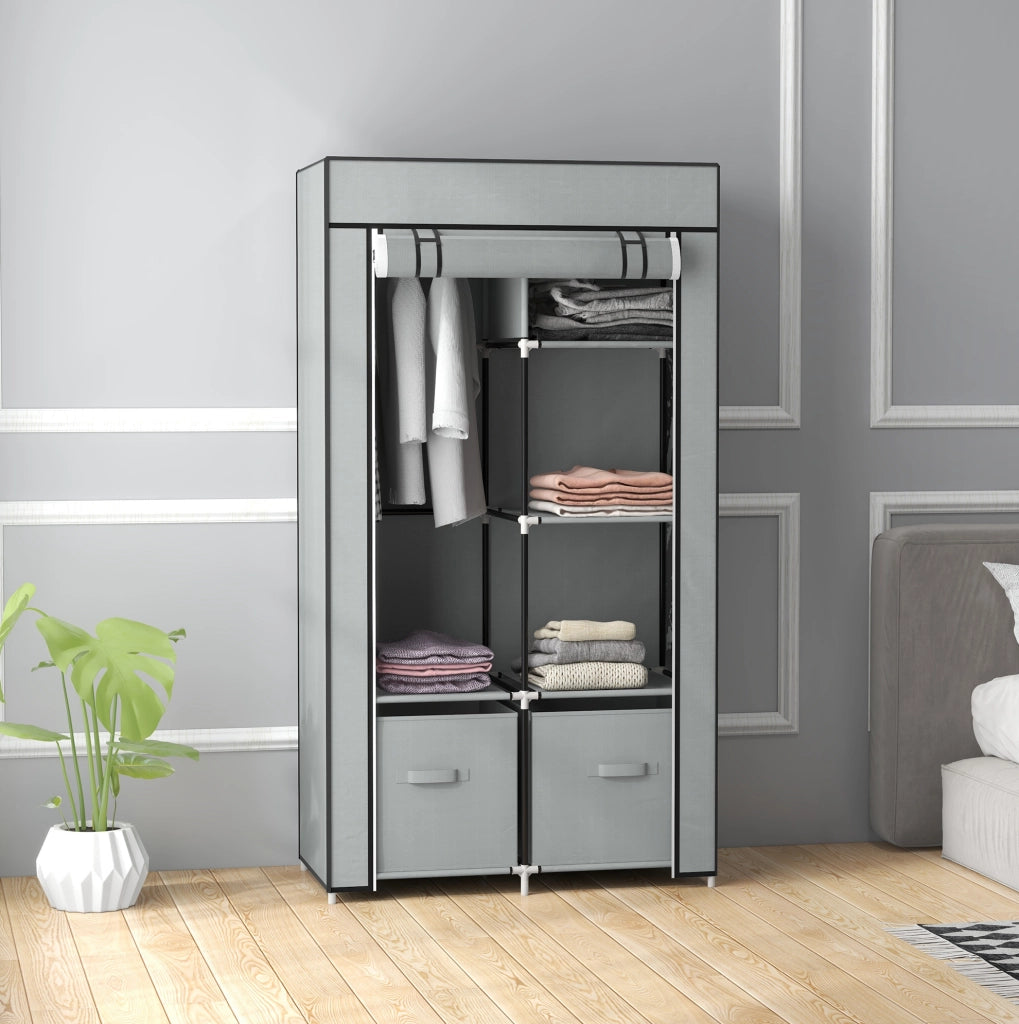 Armadio tessile salvaspazio con 5 scomparti, appendiabiti e zip, grigio chiaro, 83x42,5x162,5 cm