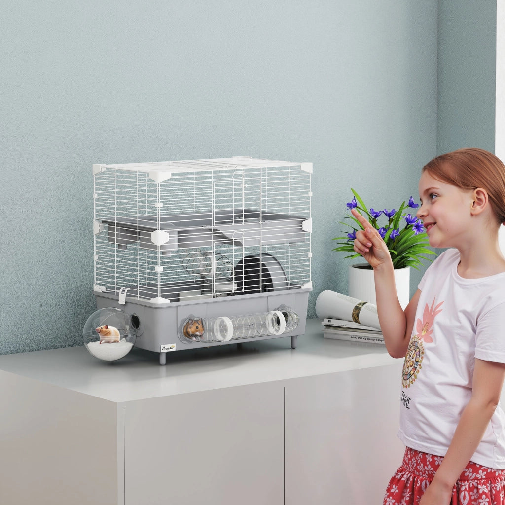 Gabbia per Criceti a 2 Livelli con Ruota ¨C Minimal ¨C Grigio e Bianco 44.5x28x44 cm