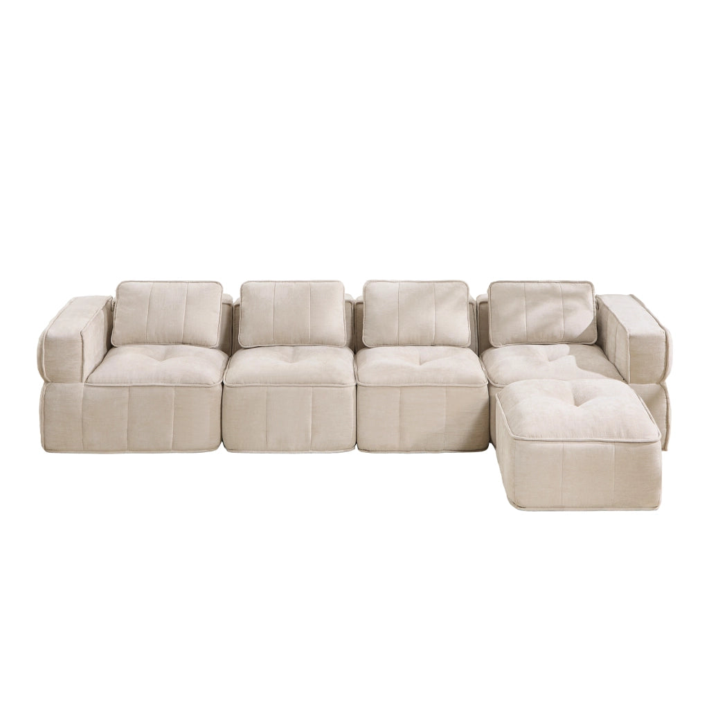 Divano angolare modulare a 4 posti con pouf in poliestere beige senza struttura rigida con seduta profonda e braccioli larghi