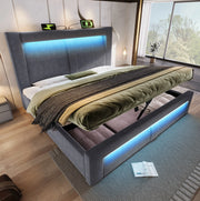 Letto matrimoniale 180x200 cm con contenitore; LED e porte USB; in velluto grigio