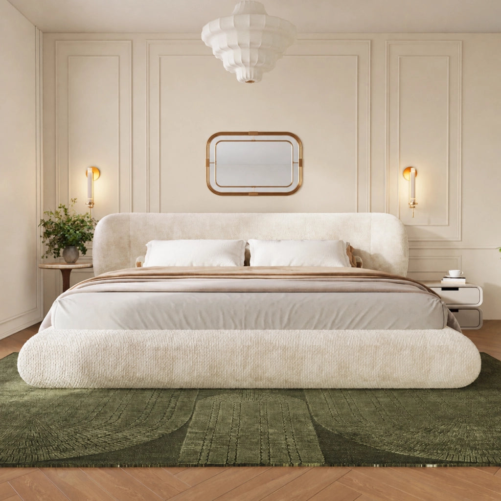 Letto matrimoniale imbottito 140x200 cm beige in ciniglia; testiera e rete a doghe