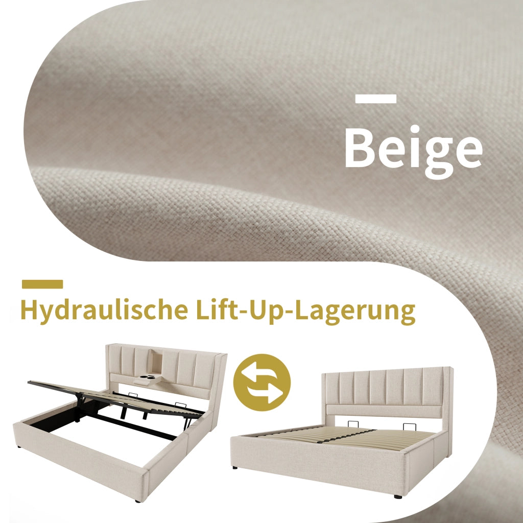 Letto contenitore matrimoniale 180 × 200 cm con 2 portabicchieri; USB e Type-C; senza materasso; in lino beige