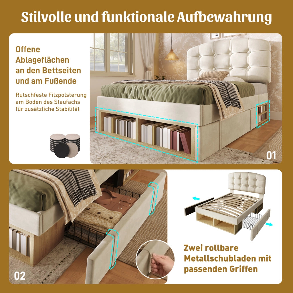 Letto singolo 90 × 200 cm con cassetti e vani portaoggetti; senza materasso; in velluto beige