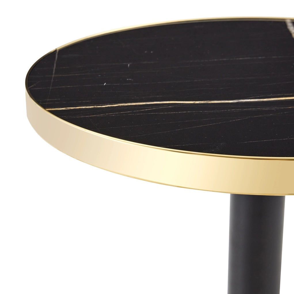 Tavolino Rotondo con Piano Effetto Marmo, Bordo Dorato e Struttura in Metallo Nero/Oro, Ø 60 cm, Altezza 73,7 cm