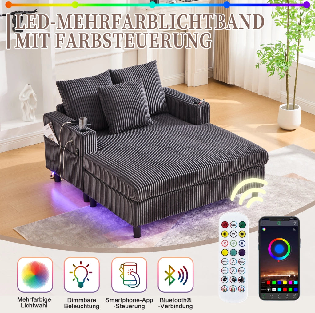 Poltrona Relax Oversize in Velluto con Luci LED, Porta USB e Portabevande, 142x128x85 cm, Carico 350 kg