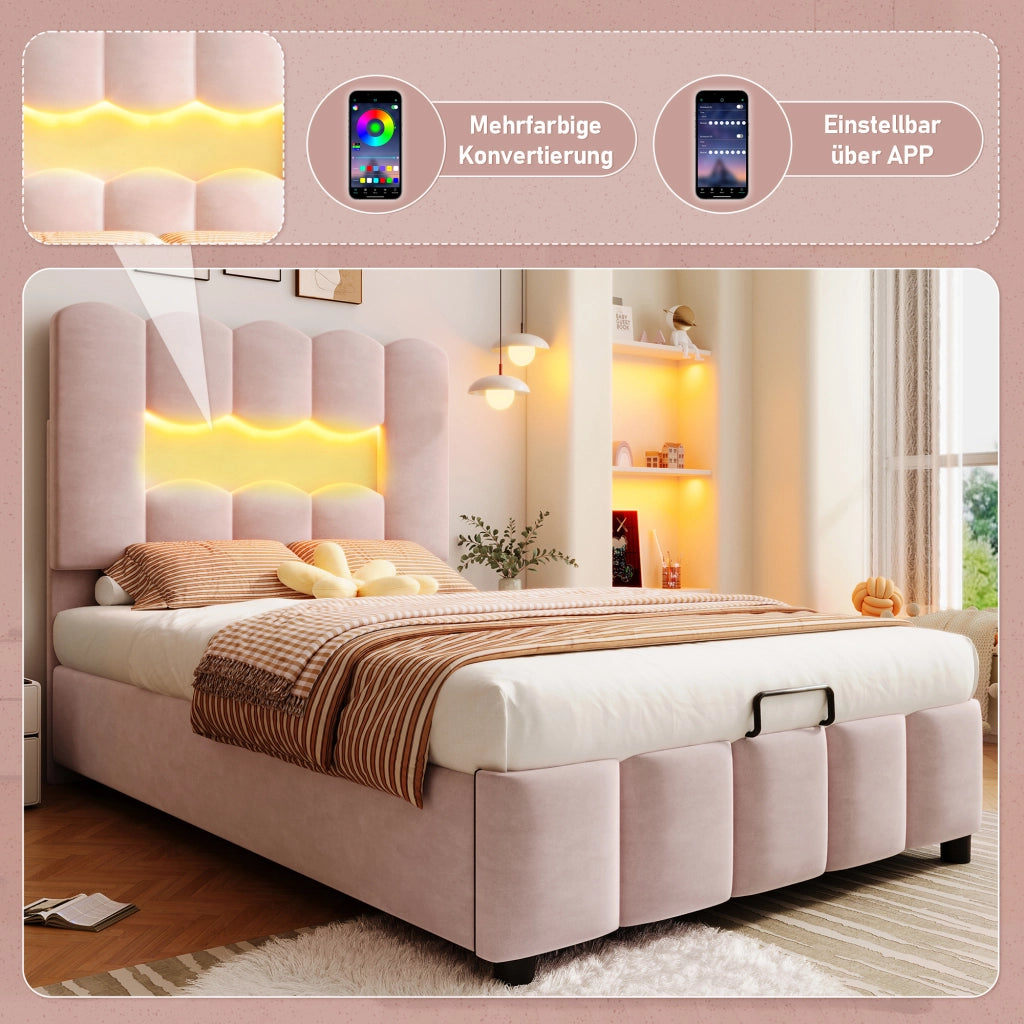 Letto Singolo Imbottito 90x200 cm in Velluto con Contenitore Idraulico; LED; Testiera; Rosa