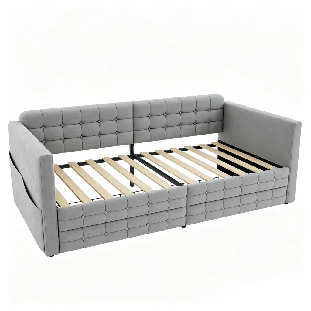 Letto divano 90×190 cm singolo con 2 cassetti e tasche laterali; senza materasso; in velluto grigio chiaro