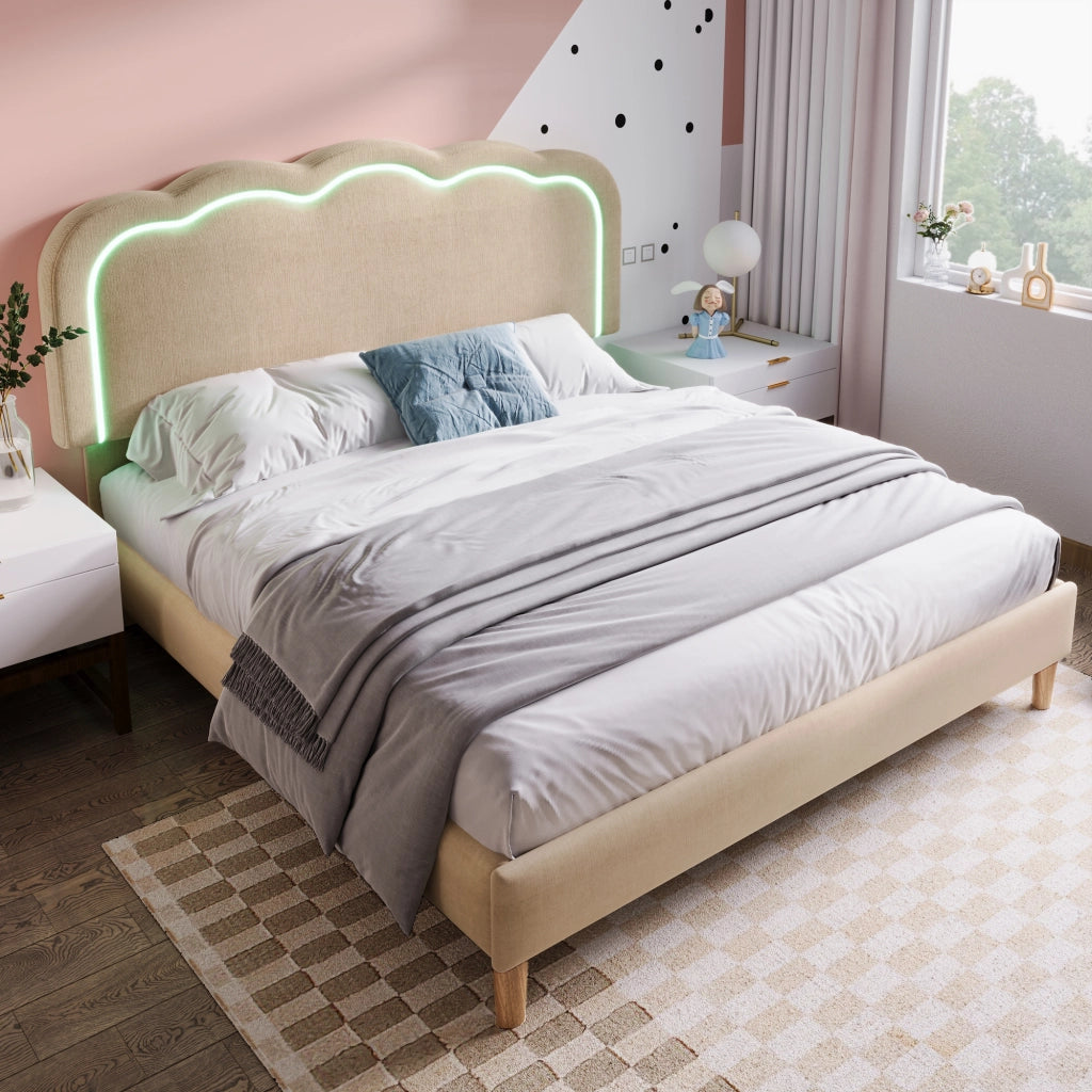 Letto Matrimoniale Imbottito 140x200 cm con LED; Testiera Regolabile; Beige